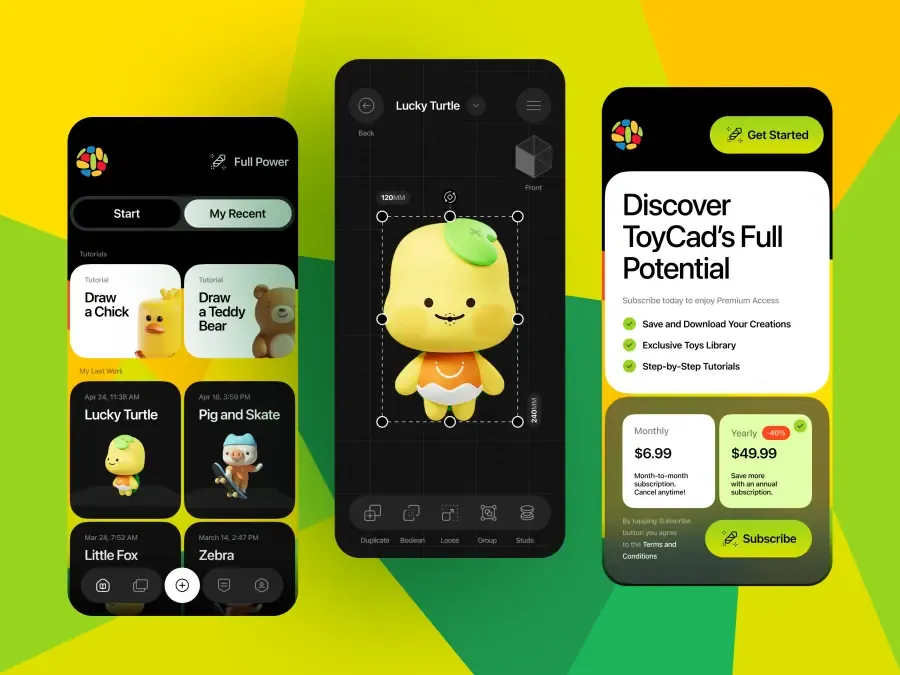 Creative 3D modelling mobile app screens with character editor and subscription plans