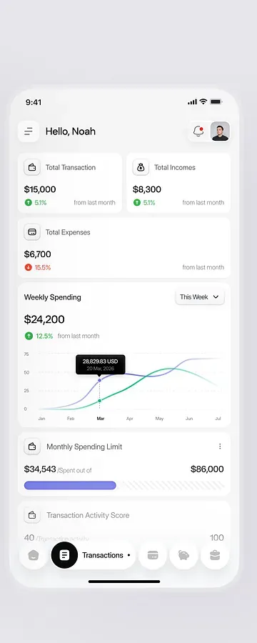 Personal finance mobile app showing balances and spending summary
