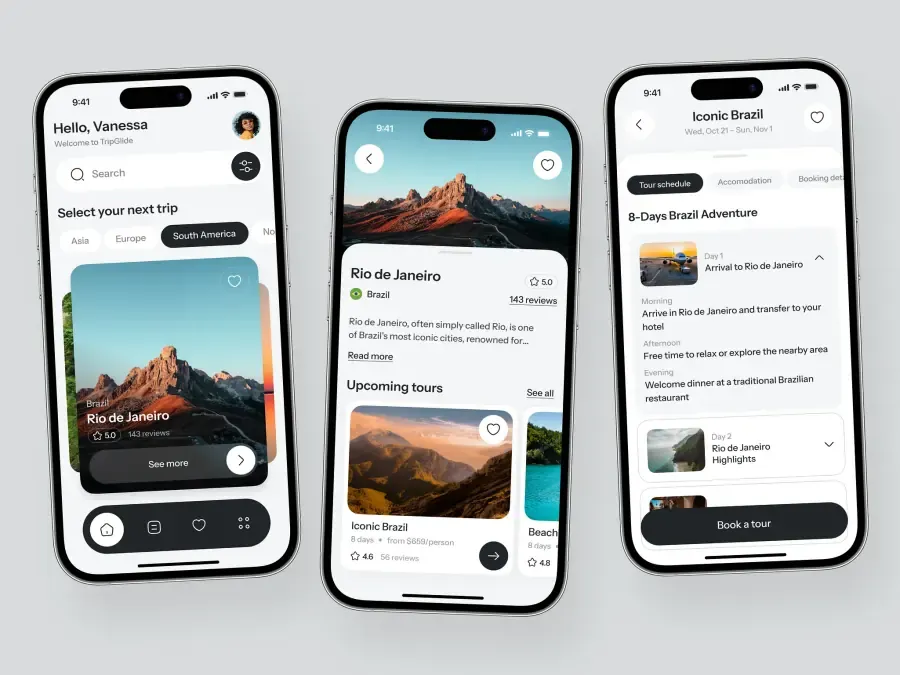 Travel booking mobile app screens showing destinations and itineraries